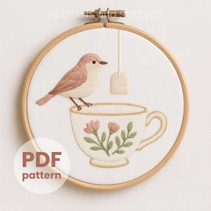 PDF pattern hand embroidery, tea cup floral design, perched bird stitch art, romantic aesthetic embroidery, cozy decor, idea gifts, bird art