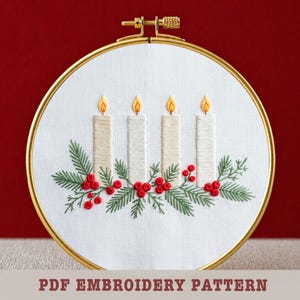Christmas Candle Embroidery Pattern PDF, Advent Winter Floral Hoop Art, Holly Berry Stitch Design, Beginner Needlework Instant Download