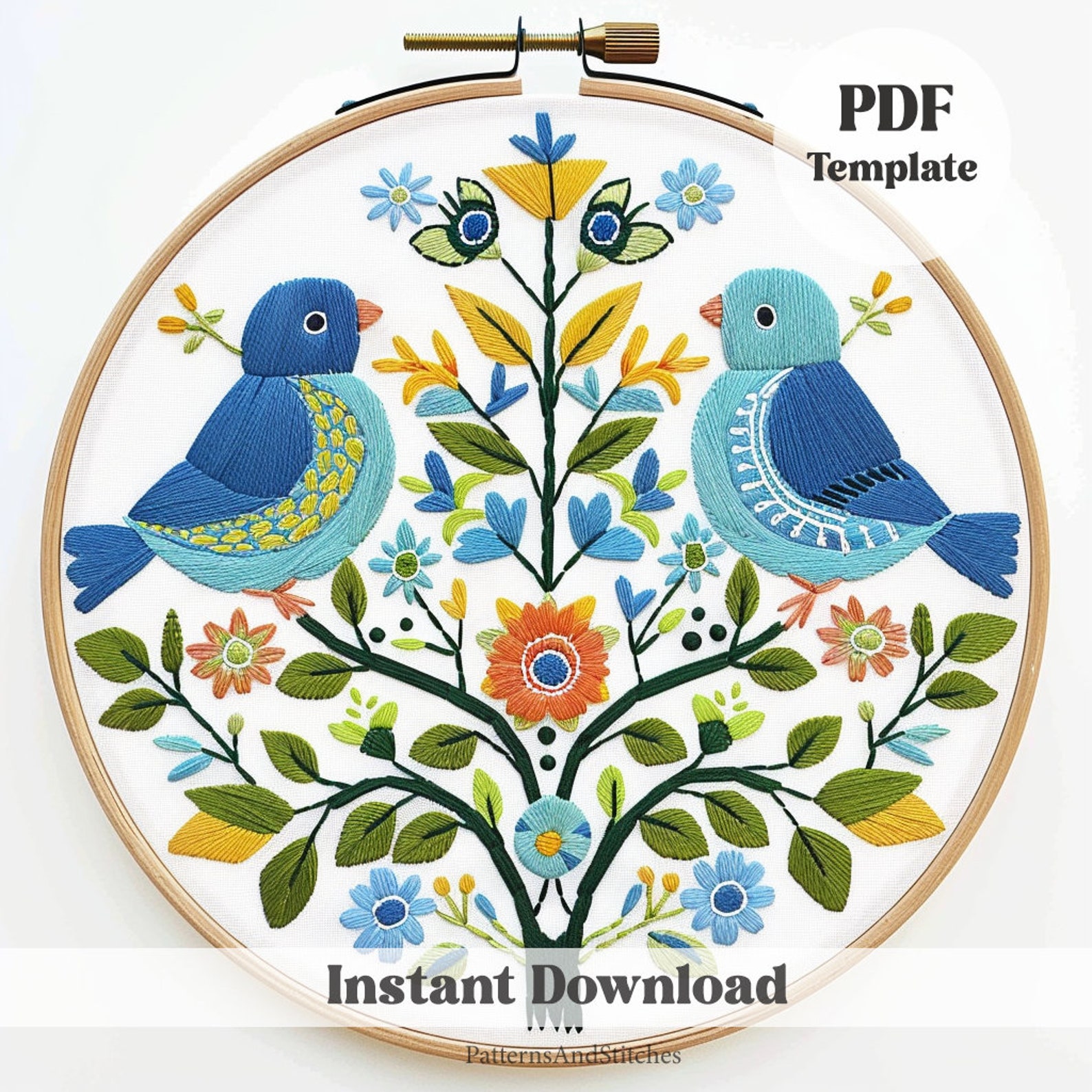 Folk Bluebird Embroidery Pattern: Scandinavian Tree (PDF Template) - Etsy