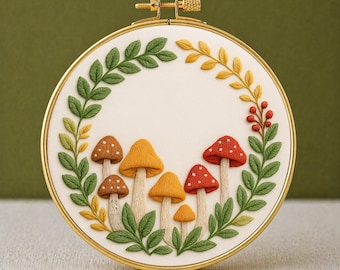 Mushroom Embroidery Pattern: Cottagecore Toadstool Hoop Art, wall decor (PDF Downloadable Template)