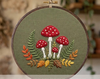 Mushroom Embroidery Pattern PDF Digital Download Red Toadstool Fly Agaric Design Fern Woodland Hoop Art Beginner Hand Stitch Printable Decor