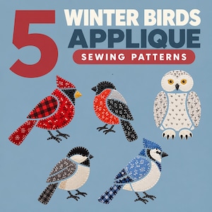 May include: A set of 5 winter birds applique sewing patterns featuring a red cardinal, a bullfinch, a snowy owl, a chickadee, and a blue jay. The text 5 WINTER BIRDS APPLIQUE SEWING PATTERNS is displayed in red, white, and dark blue.