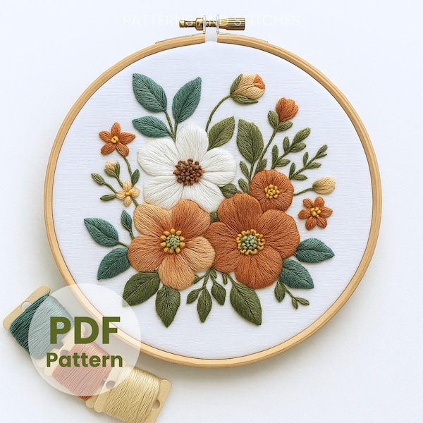Patrón de bordado de ramo floral: Manualidad botánica de primavera (Descarga PDF)