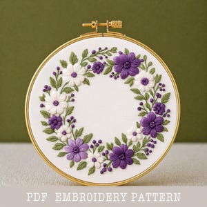 Lilac Wreath Embroidery Pattern: Floral Design, digital file (PDF Digital Download, 6 Sizes)