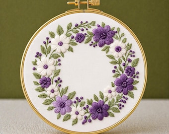ライラックリース刺繍パターン：花柄、デジタルファイル（PDFデジタル
