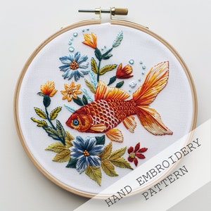 Goldfish Embroidery Pattern, Floral Embroidery, Hand Embroidery Pattern, Fish Embroidery, PDF Instant Download, DIY ocean life, DIY hoop art