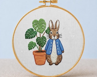 Peter Rabbit Monstera Embroidery PDF Rabbit Tropical Plant Hoop Art Urban Jungle Nursery Plant Parent Gift Grandma Hobby Printable template
