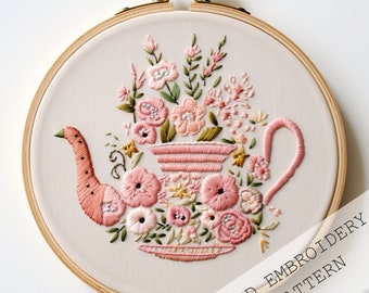 Bordado de flores de tetera, bordado de té floral, arte floral de tetera, hora del té de bordado, tetera flower power, bordado de té floral en flor