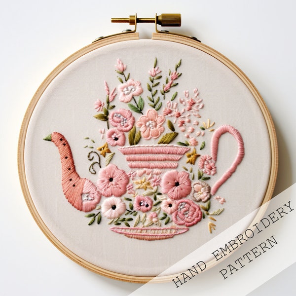 Teapot Blooms embroidery, Floral Tea Embroidery, Teapot Floral Art, Embroidery Tea Time, Flower Power Teapot, Floral Tea Embroidery In Bloom