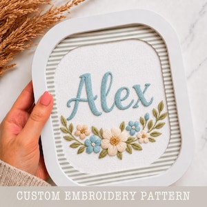 Personalized Name Flower Embroidery Pattern: Grandma hobbies, Custom Nursery Decor PDF Download stick and stitch design printable template
