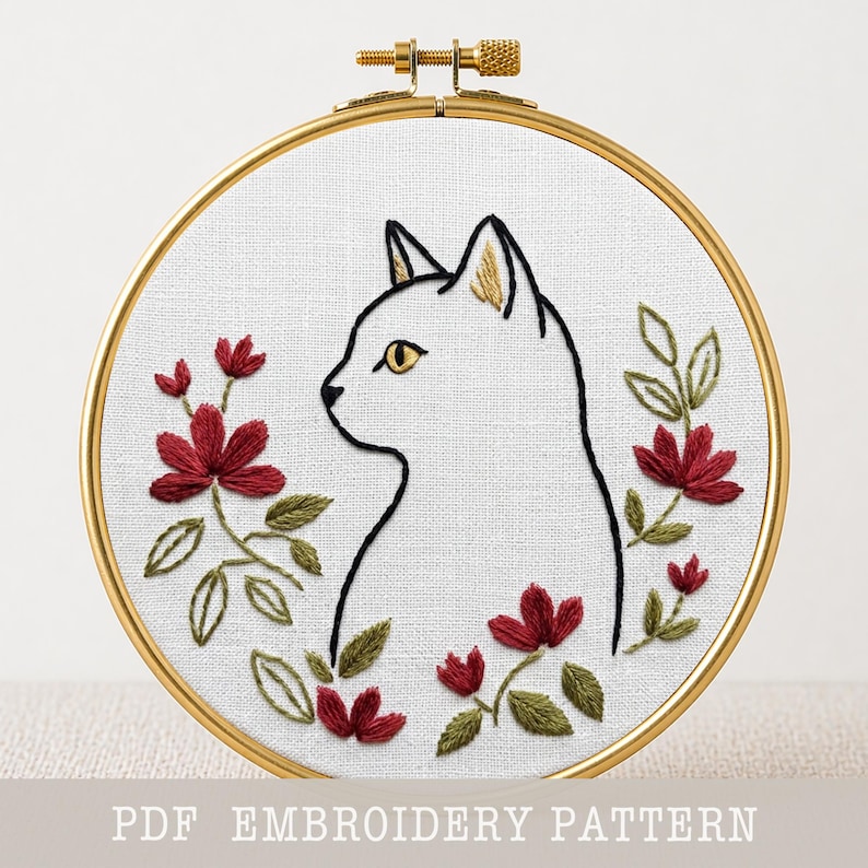 Cat Silhouette Embroidery Pattern PDF Digital Download White Cat Profile Floral Wreath Design Modern Hand Stitching Hoop Art Needlework Chart Outline Cat Stitch PDF Beginner Friendly Red Flower Botanical Embroidery Instant Download Gold Eye Detail Cat Portrait Printable Template Multiple Size Options Crimson Magnolia Flower Motif DMC Color Chart Hand Embroidery Outline Cat PDF Floral Wreath Needlework Cat Profile Stitch Chart Decorative Botanical Hoop Art Digital Download Complete Instructions