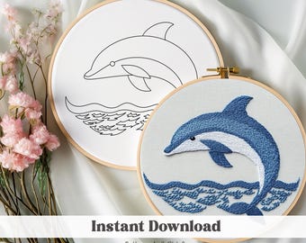 イルカの手刺繍パターン：夏のフープアート、海の動物（PDF