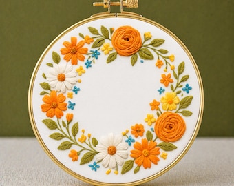 オレンジと白のリースの手刺繍パターン、花のデザイン、花のパターン