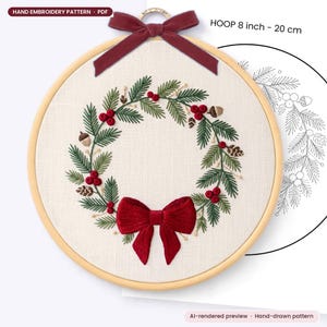 Padrão de Bordado de Guirlanda de Natal em PDF para Download Digital - Arte Botânica de Inverno em Bastidor - Fácil para Iniciantes - Pinheiro, Frutas Vermelhas, Laço Vermelho - Ponto Cetim