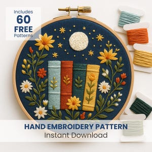 Magical Books Handstickerei-Muster: Florales Bücherregal Design (PDF-Muster, 6 Größen)