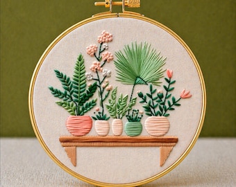 Houseplant Embroidery PDF Pattern, Modern Botanical Design, Home decor idea (6 Sizes)