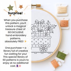 May include: An embroidery hoop with a Christmas-themed design of gifts on a cart, with the word "Surprise!" above. The image includes spools of thread in various colors and text that reads "60 EXCLUSIVE hand embroidery patterns, absolutely FREE!"