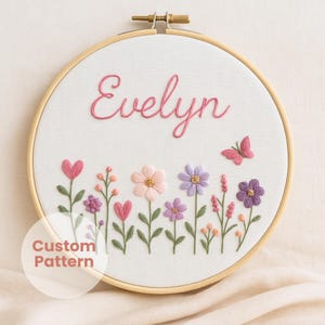 Baby Name Embroidery Hoop Pattern, Nursery Hand Embroidery PDF Pattern, DIY Embroidery Nursery Decor, Custom Baby Name Pattern, Wildflowers