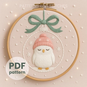Snowy owl hand embroidery pattern, Winter owl pattern, soft holiday hoop decor, Christmas decor, digital animal design, Christmas tree decor