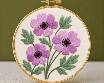 Patrón de bordado a mano de anémona, patrón minimalista de bordado floral a mano, arte floral para principiantes