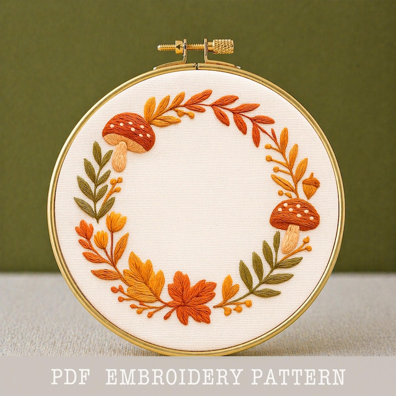 Mushroom Embroidery Pattern PDF Cottagecore Fall Wreath Digital ...