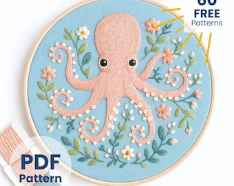 Octopus Hand Embroidery Pattern: DIY Floral Hoop Art, easy craft  (PDF Template)