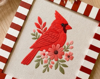 Red Cardinal Embroidery Pattern: Floral Bird Design (PDF Download, 6 Sizes)