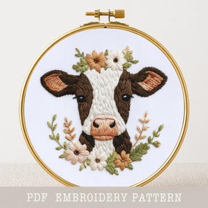 Cow Embroidery Pattern, Floral Crown, Farm Animal Design, Boho Decor (PDF Template)