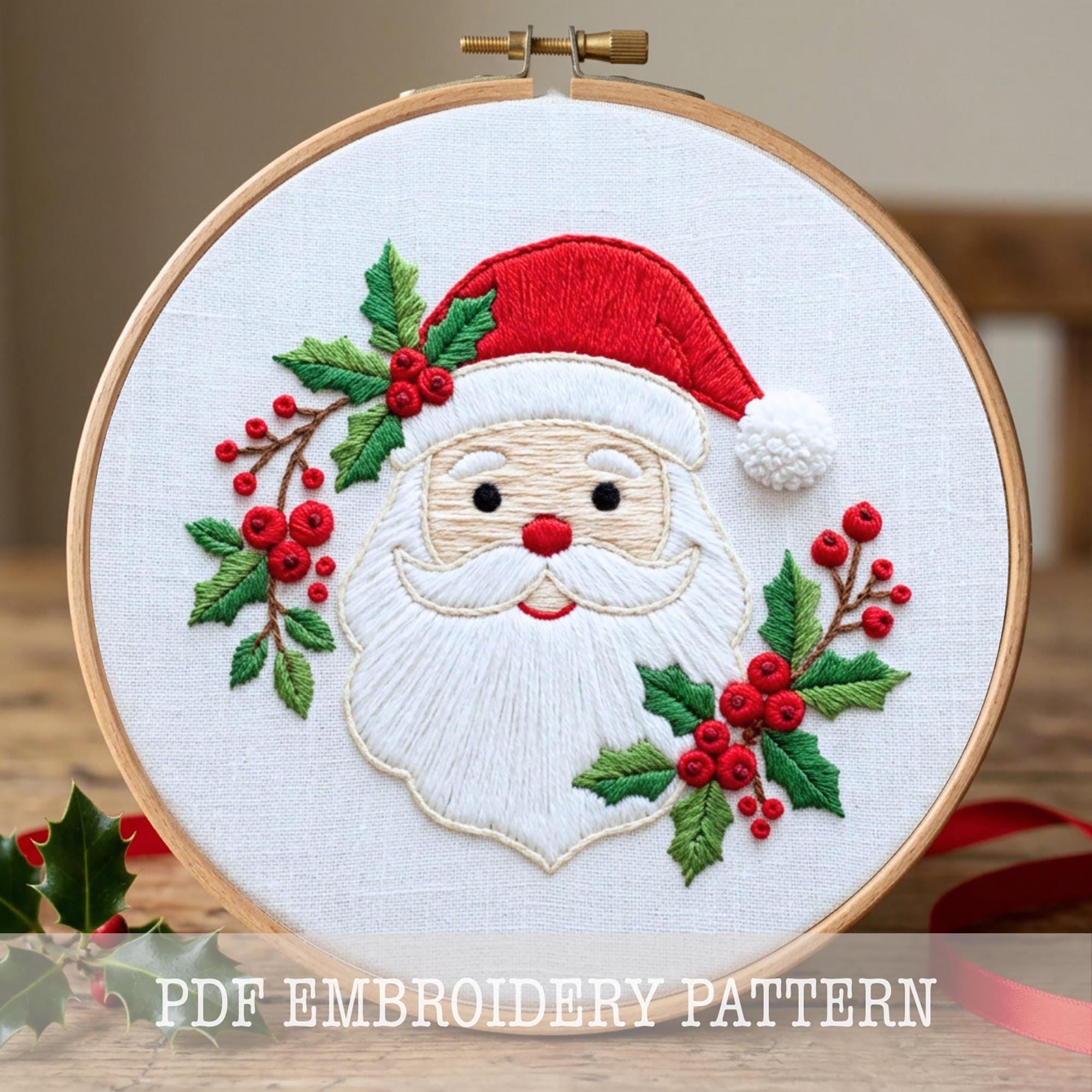 Santa Claus Hand Embroidery Art, Christmas Ornament, Digital