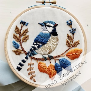 Blue Jay Bird PDF Embroidery Pattern, Digital PDF Pattern, Instant Download DIY Embroidery, Hoop Art, Hand Embroidery, Cute Nursery Decor