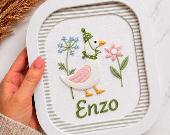 Personalised Goose Embroidery Hoop, Floral Custom Name Embroidery Vintage Art Nursery Decor Baby Shower Birth Announcement Gift