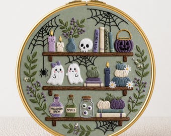 Spooky Witch Shelf Embroidery PDF Instant Download Dark Halloween Hoop Art Ghost Web Skull Sage Moody Needlework Beginner Gothic Wall Decor