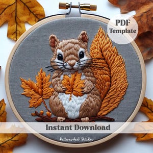 Fall Floral Squirrel embroidery Pattern, Squirrel and leaves Digital file, Boho Fall Animals pattern, Autumn Fall , Woodland Surface Design