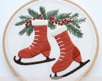 赤いアイススケートの刺繍パターン PDF デジタルダウンロード 冬の