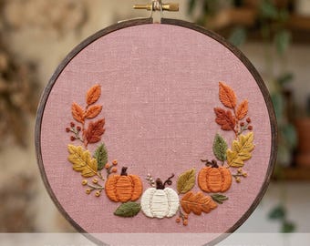 Pumpkin Wreath Embroidery Pattern PDF Autumn Fall Hoop Art Leaves Design Beginner Stitch Wall Hanging File