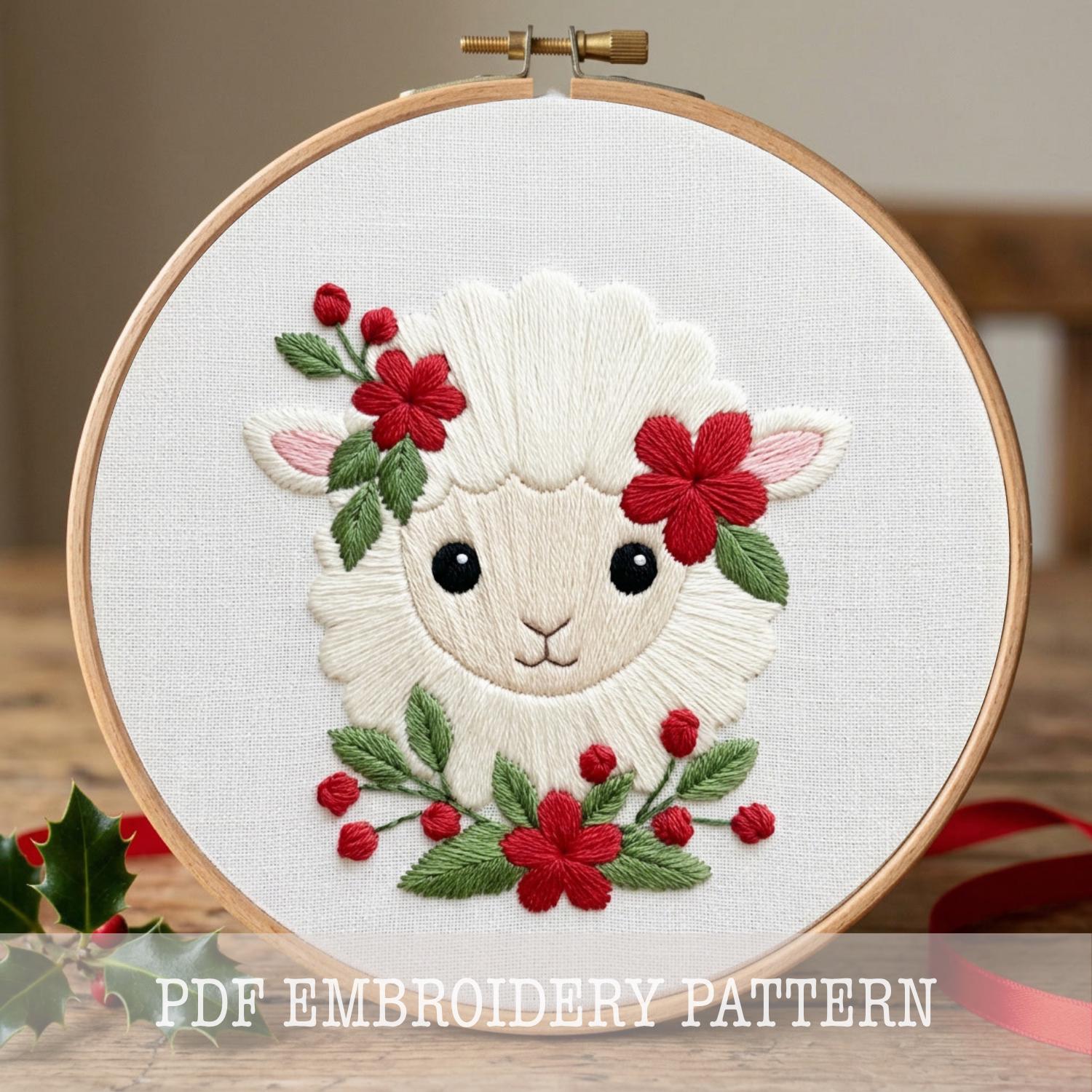 羊の刺繍パターン PDF デジタルダウンロード 花柄の子羊 クリスマス