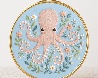 Octopus Hand Embroidery Pattern: DIY Floral Hoop Art, easy craft  (PDF Template)