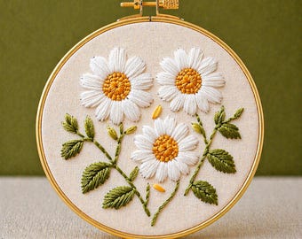 Diseño de bordado de pradera de margaritas silvestres, patrón floral en PDF para bordado en bastidor, bordado de flores, proyecto de manualidades de costura de primavera