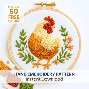 Chicken Embroidery, Modern Embroidery, PDF pattern, DIY embroidery, Gardener Embroidery, Floral Chicken, Beginner friendly, Farm Embroidery
