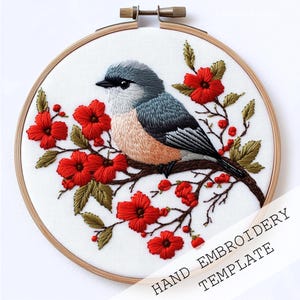 Red flowers embroidery, Bluebird Hand Embroidery Pattern, Robin Bird with flowers Embroidery, PDF Woodland Embroidery Template, Beginner