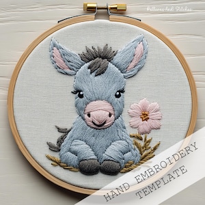 Cute Donkey Hand Embroidery, PDF Pattern Template, Digital Stitching File, Beginners crafts, Hoop Art, Donkey Embroidery, Farm Embroidery