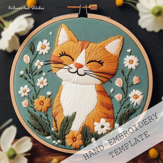 花柄猫刺繍パターン：オレンジ色のぶち猫のフープアート（PDF