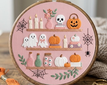 Halloween Embroidery Pattern: Spooky Bookshelf Scene, Instant Download (PDF file, 6 Sizes)