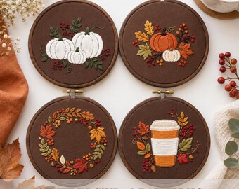 Beginner Embroidery PDF Templates: Autumn Pumpkin Coffee, Bundle Fall Hand Embroidery, Hoop Art, 4 Patterns, Printable Digital Download
