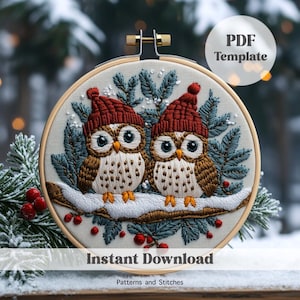 Holiday Cozy Owls Christmas Hand Embroidery Pattern, Instant Download, Christmas Decor, Magical Holiday, Hand Embroidery, DIY Embroidery art