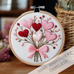 Padrão de bordado de buquê, design de bordado de amor, padrão de bordado romântico, presente de noiva bordado à mão de rosas florais, buquê romântico