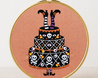 Spooky Cake Embroidery PDF Instant Download Witch Skull Spooky Hoop Art Beginner Printable Template Dark Seasonal Needlework Festive Decor