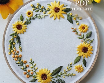 Sunflowers eucalyptus wreath, hand embroidery PDF template, Summer wreath embroidery art, intermediate embroidery template, sunflowers decor