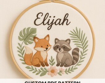 カスタムウッドランド刺繍パターン：キツネとアライグマのデザイン