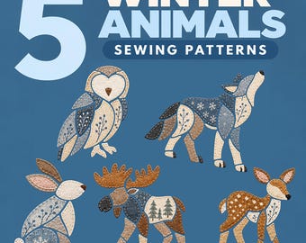 Winter Animals Patchwork Applique Pattern Bundle | Moose Deer Wolf Owl Rabbit | Printable PDF (7") + SVG | Forest Cabin Quilt, Wildlife